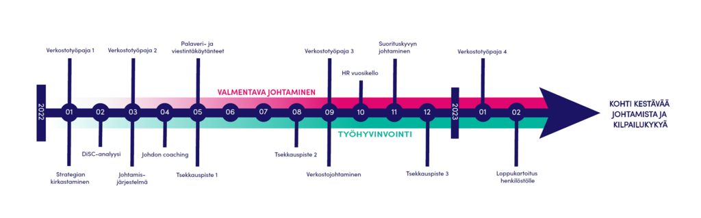 Esimerkki kehityspolusta, joka piti sisällään strategian kirkastamista, osaamisen johtamisen kehittämistä, vuorovaikutuksen ja viestinnän rakenteisiin paneutumista, sekä prosessien kehittämistä. Tämän lisäksi kehityspolulla näkyi yhteiset verkostotyöpajat, johdon henkilökohtaista kehitystä coaching ja DiSC-analyysien muodossa, sekä välitsekkaukset ja loppukartoituksen ajankohdan.