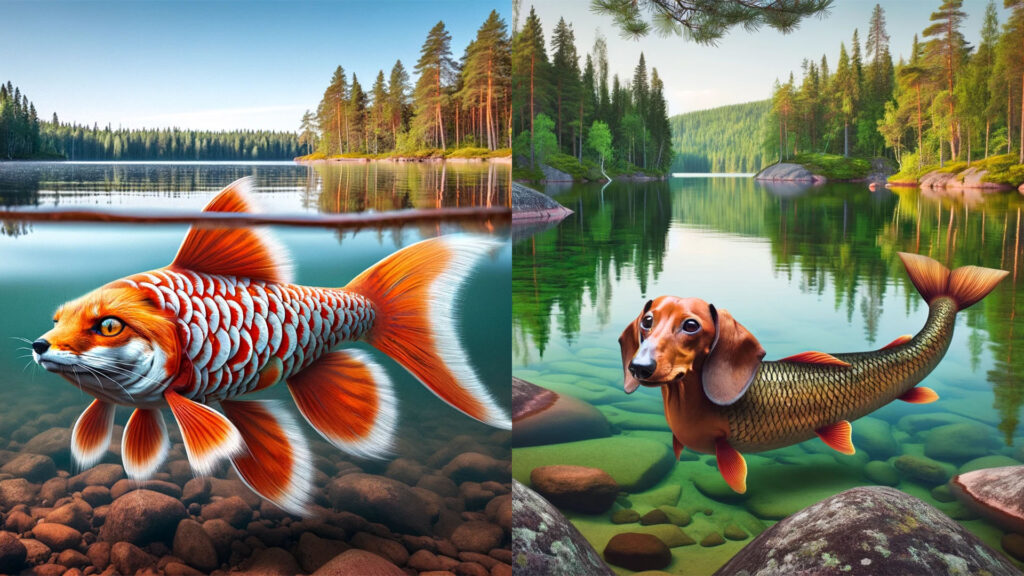 Tekoälyllä tehtyjä eläinhahmoja, joissa toisessa on yhdistetty kettu ja kala ja toisessa mäyräkoira ja kala.