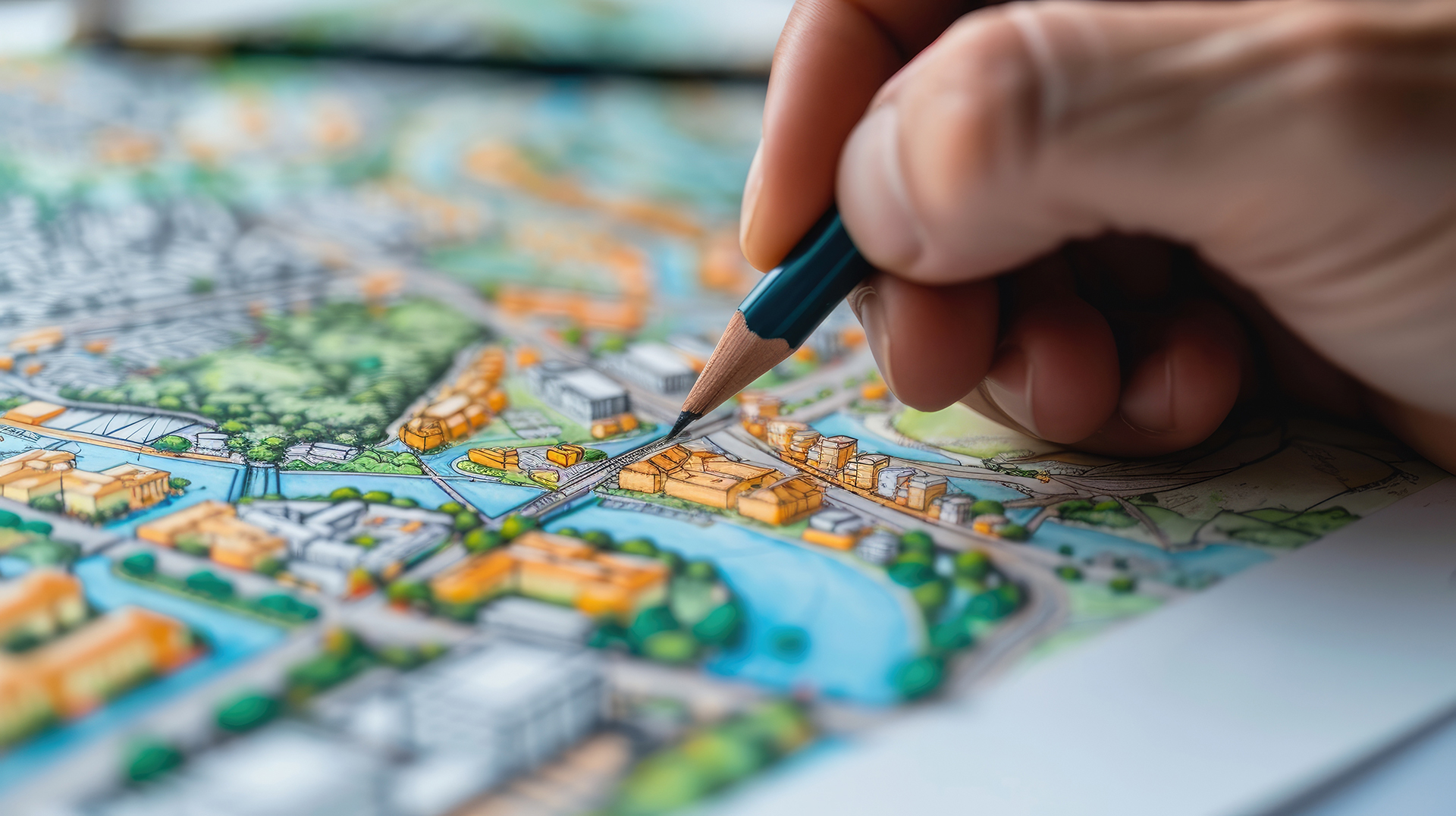 Kaupunkisuunnittelukartta, jossa puiden, talojen, teiden ja vesistöjen kohokuvioita ja eri värejä. Lyijykynän pää osoittaa karttaa