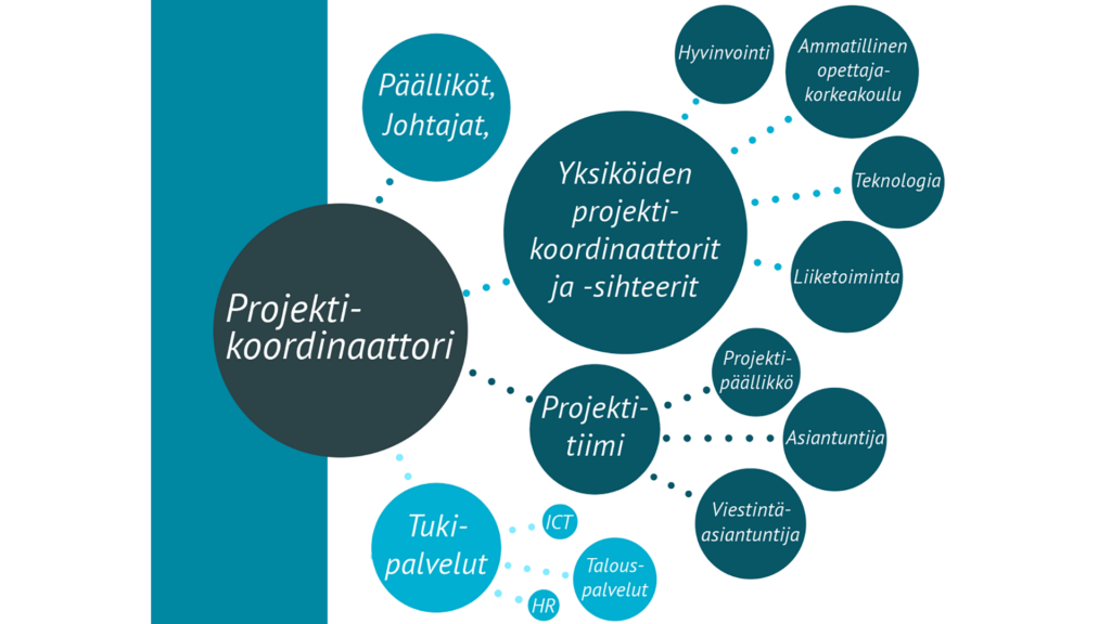 Projektikoordinaattorin vierellä päälliköt ja johtajat, yksiköiden projektikoordinaattorit ja -sihteerit, projektitiimi sekä tukipalvelut. 