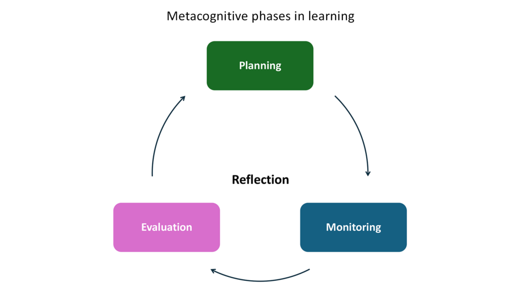 Sure! Here's the translation of the Alt text into English: In the diagram, a clockwise circular process with the phases planning, monitoring, and evaluation, with the word reflection in the center.