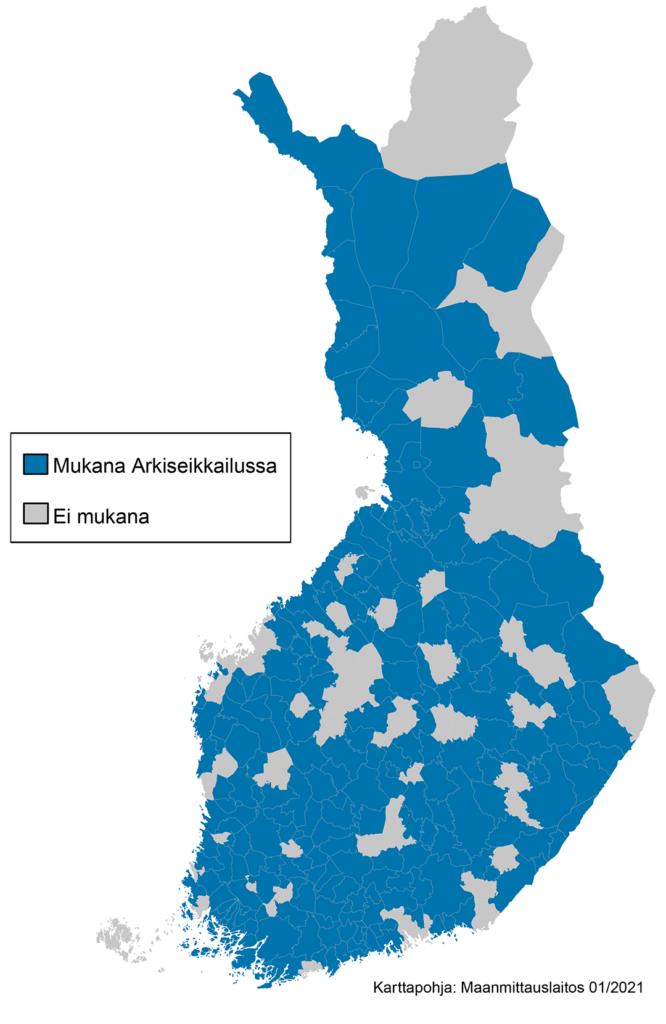 Suomen kartta, johon merkitty kunnat, joista on tullut ilmoittautumisia vuoden 2024 Arkiseikkailu-kampanjaan.