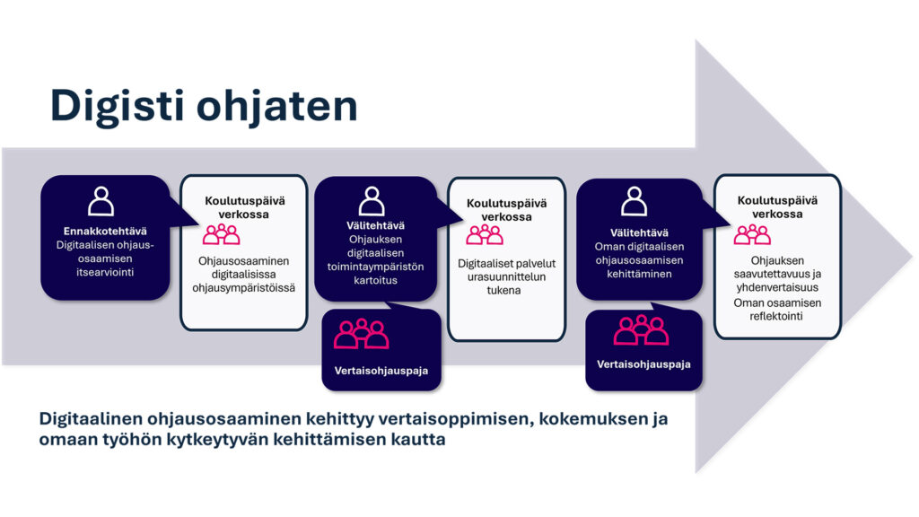 Digisti ohjaten -kuvio, jossa kuvataan miten digitaalinen ohjausosaaminen kehittyy vertaisoppimisen, kokemuksen ja omaan työhön kytkeytyvän kehittämisen kautta.