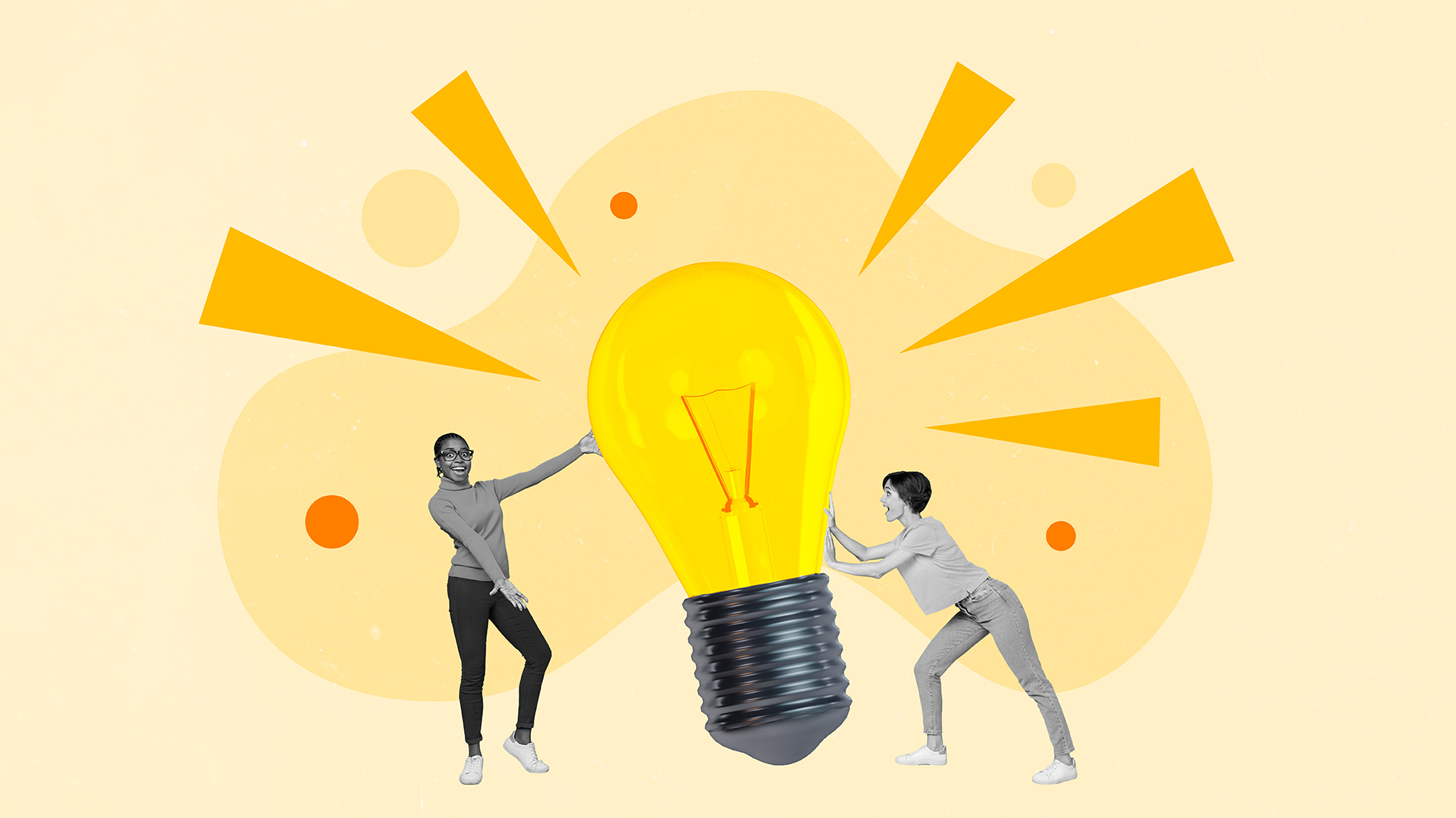 Collage portrait of two mini black white effect girls huge light bulb bright idea isolated on beige background.