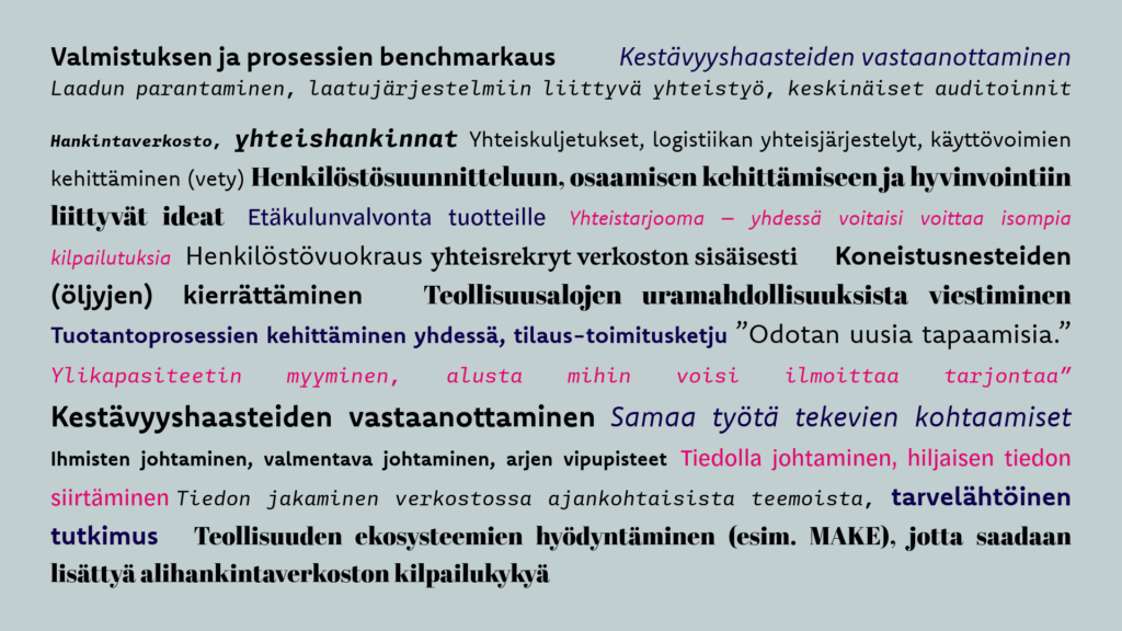 Koostekuva, jossa eri kokoisilla ja värisillä teksteillä on esitetty työpajakeskusteluista nousseita ideoita ja yhteistyöavauksia, kuten hankintayhteistyö, henkilöstön kehittäminen, kestävyyshaasteisiin vastaaminen ja tiedon jakaminen verkostossa.