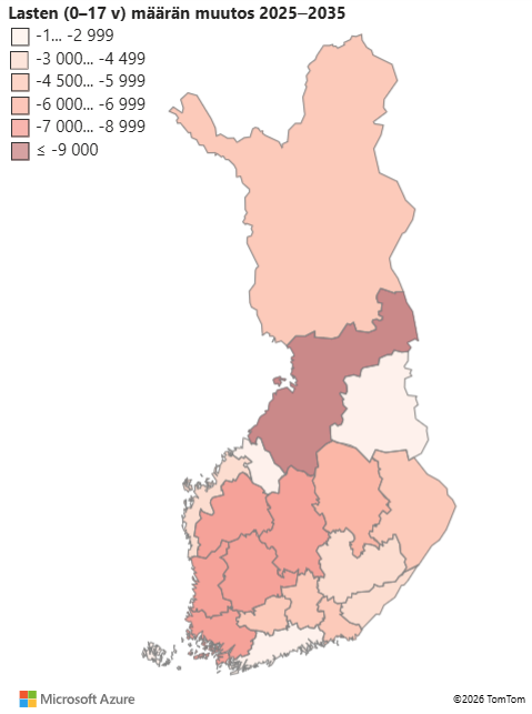 Kartta Suomesta, joka esittää lasten (0–17 v) määrän muutosta vuosina 2025–2035. Suurimmassa osassa maata lasten määrä vähenee, erityisesti Keski- ja Itä-Suomessa. Vähemmän vähenemistä näkyy Etelä- ja Länsi-Suomessa.