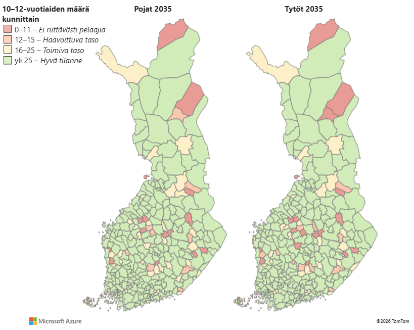 artat 10–12-vuotiaiden määrien ennusteesta vuodelle 2035 erikseen pojille ja tytöille. Suurimmassa osassa maata tilanne säilyy hyvänä, mutta yksittäisissä kunnissa lasten määrä vähenee ja osa alueista siirtyy haavoittuvaan tai heikkoon tasoon.