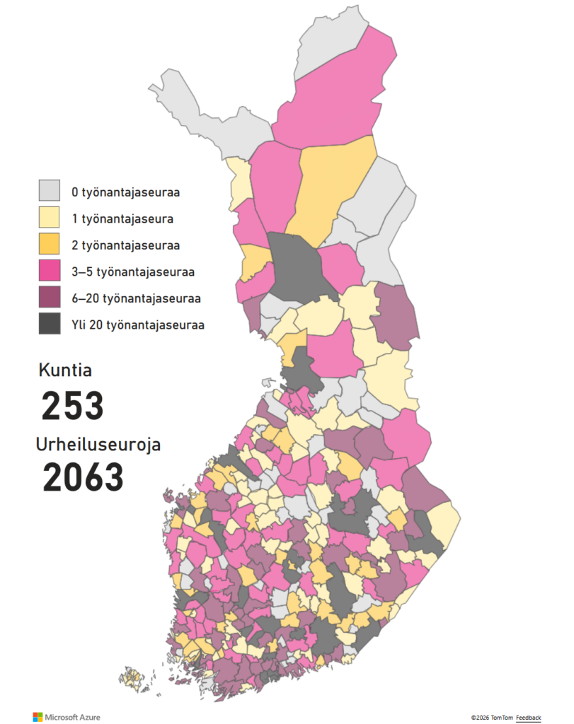 Suomen kartalla esitettynä kaikki kunnat ja niissä olevien työnantajaseurojen määrä eri väreillä. Kuntia 253 ja urheiluseuroja 2063.