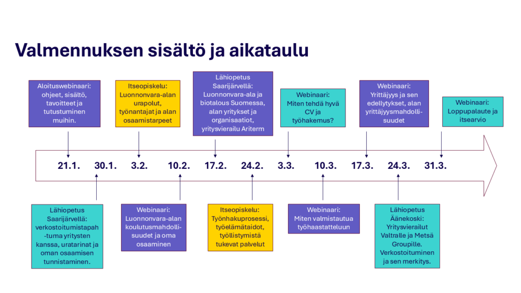 Valmennuksen sisällöt nuolella esitetyssä aikajanassa. Tilaisuudet järjestettiin 21.2. - 31.3. välisenä aikana.