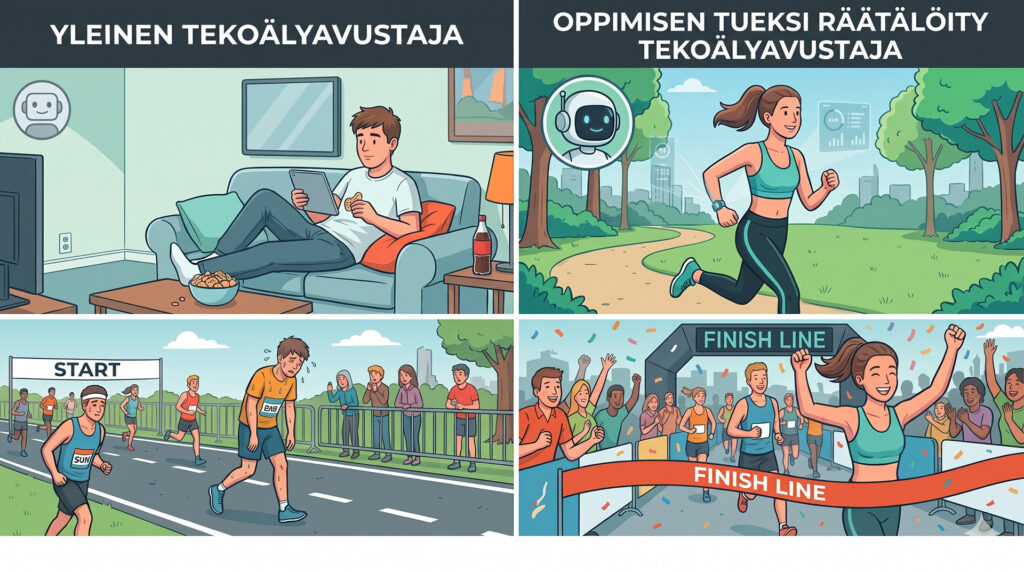 Kuva vertailee yleistä tekoälyavustajaa ja oppimisen tueksi räätälöityä tekoälyavustajaa. Yleistä tekoälyavustajaa kuvataan sohvalla istumisena, kun taas räätälöity tekoälyavustaja tukee juoksijaa harjoittelussa ja auttaa etenemään lähtöviivalta maaliin.