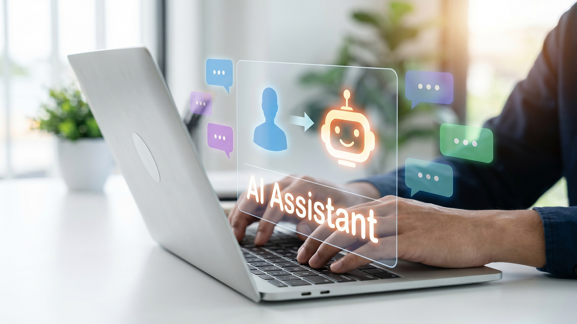 Lähikuva henkilön käsistä läppärillä. Läppärin yläpuolella graafinen kuva, jossa puhekuplia, ihmishahmo, robottihahmo sekä teksti AI Assistant.